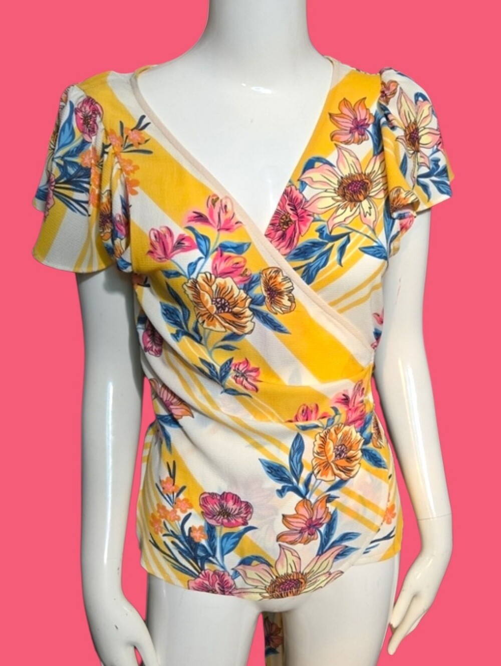 Flying Tomato Yellow Floral Wrap Top with Blue and Pink Accents